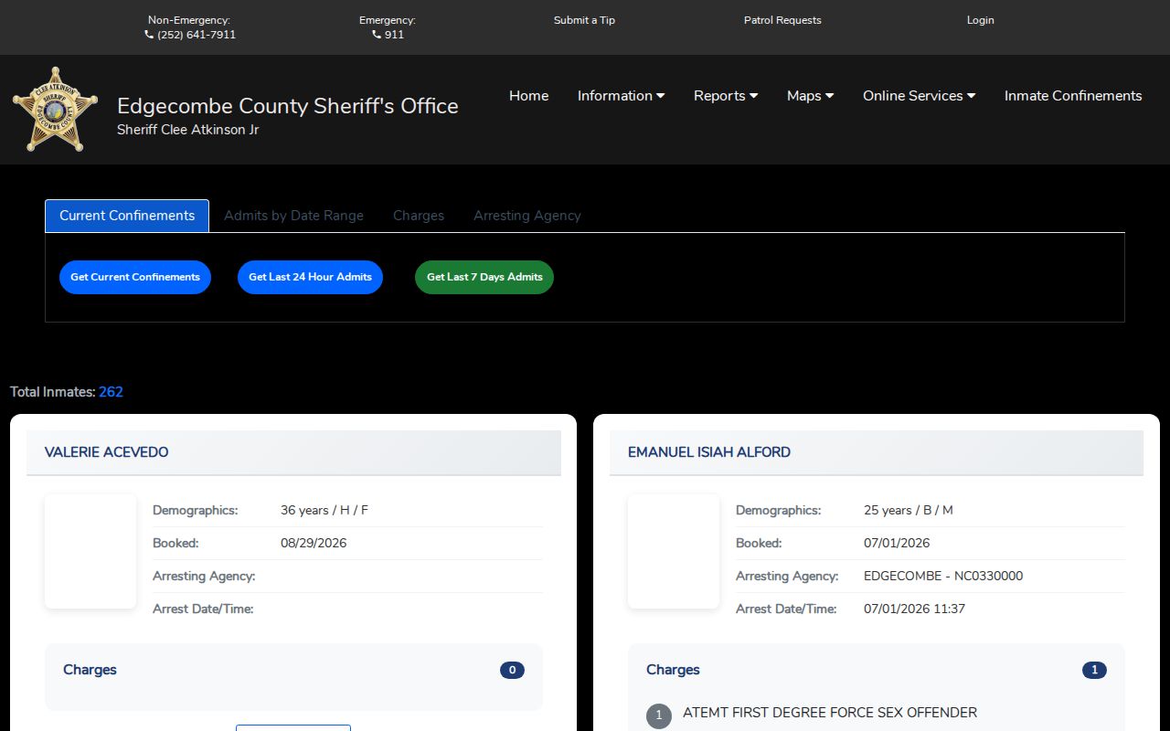 Edgecombe County Inmate Confinements roster search interface