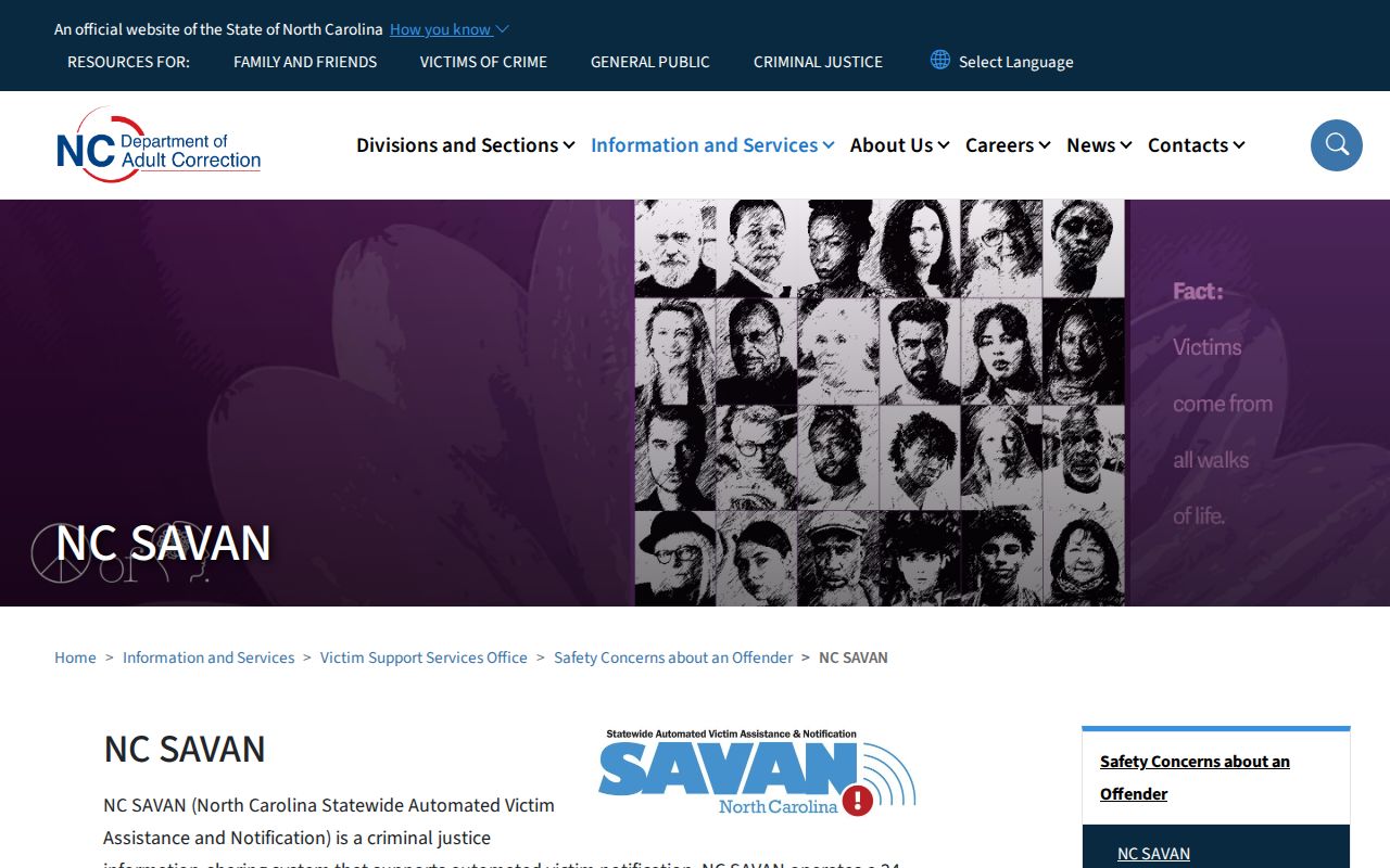 North Carolina SAVAN official custody notification page