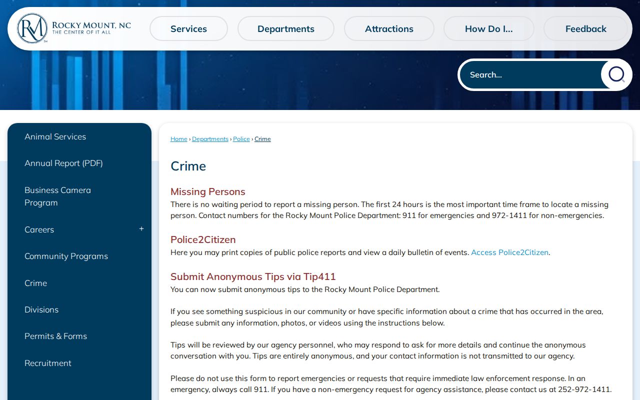 Rocky Mount official Crime page linking to Police2Citizen