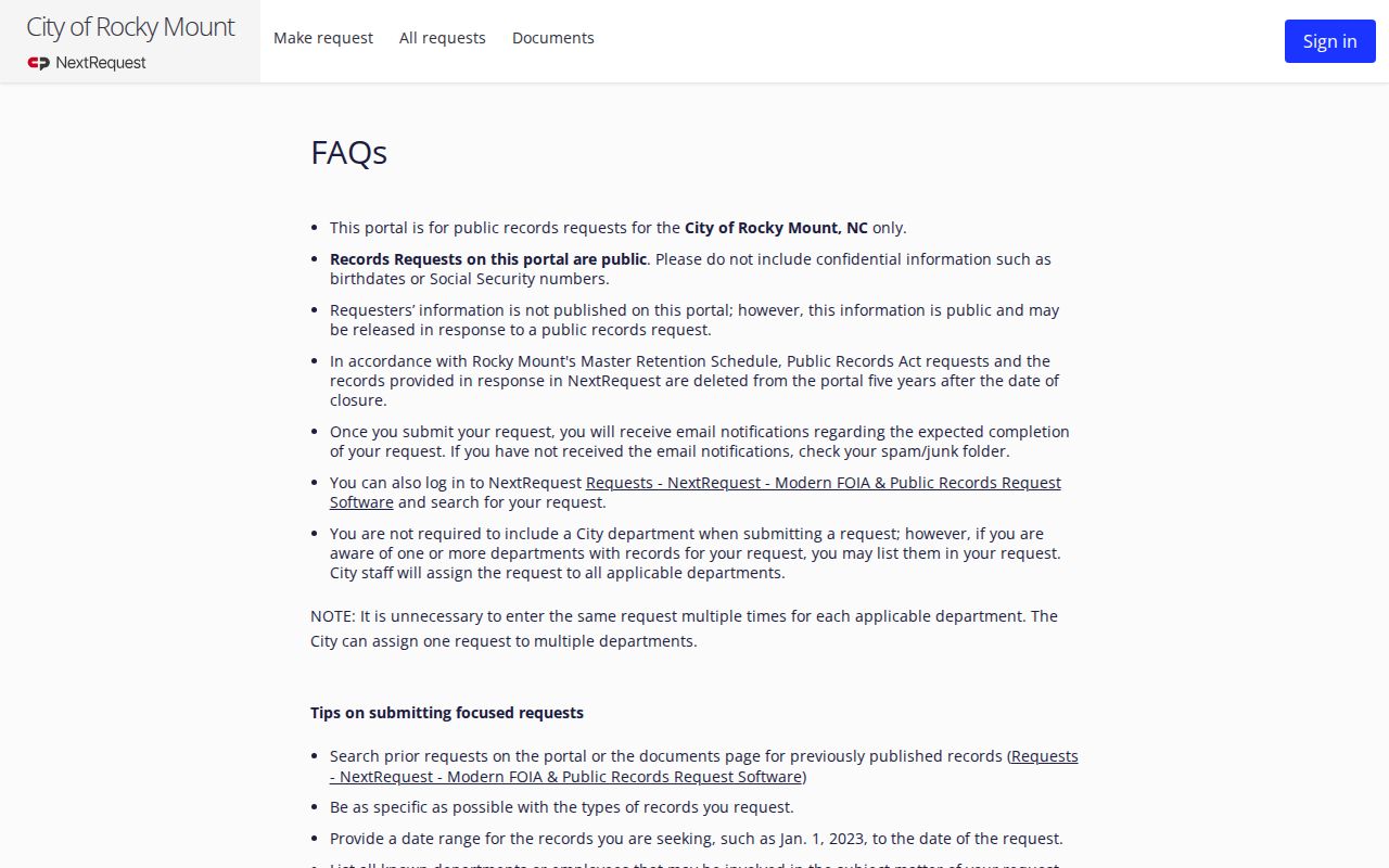 City of Rocky Mount public records request FAQ page