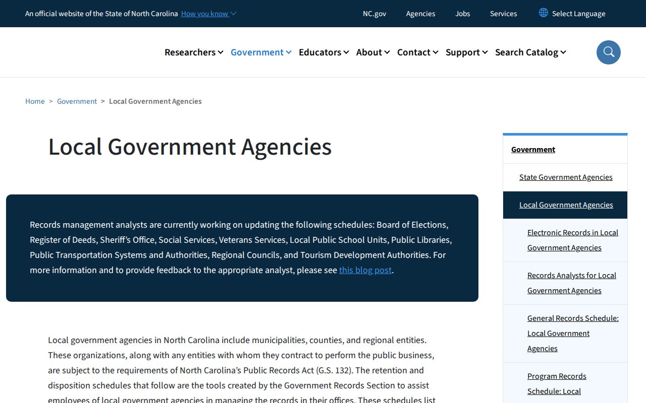 North Carolina State Archives local government records guidance