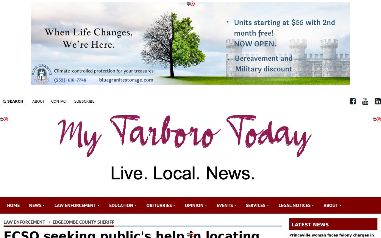 My Tarboro Today page showing an episodic Edgecombe sheriff public-safety story